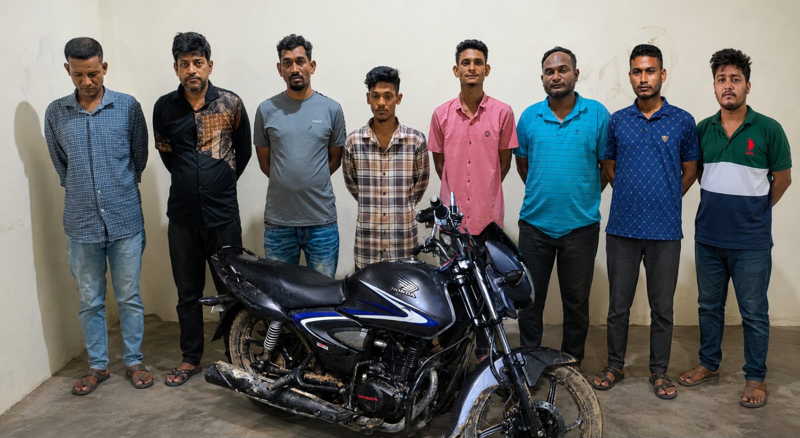 Police conduct a special operation in Rangamati town that led to the arrest of eight people, including a fugitive accused facing 14 cases, with the recovery of yaba tablets and a stolen motorcycle.